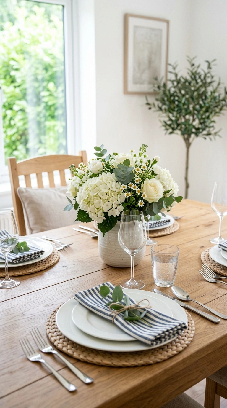 25 Seasonal Decor Ideas to Keep Your Home Feeling Fresh All Year 10 009 Blue and White Summer Table A dining table set wit
