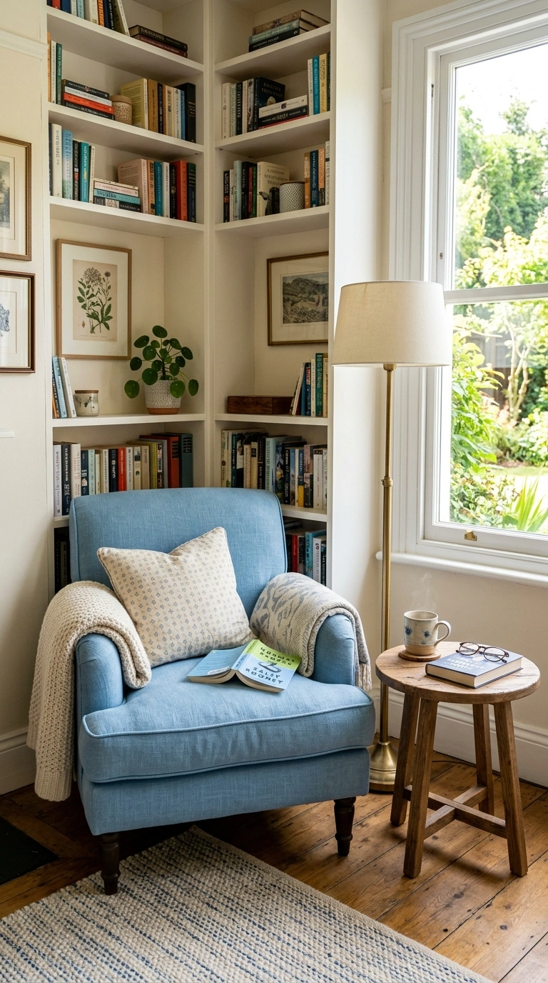 009 Cozy Reading Chair A small upholstered armchair in