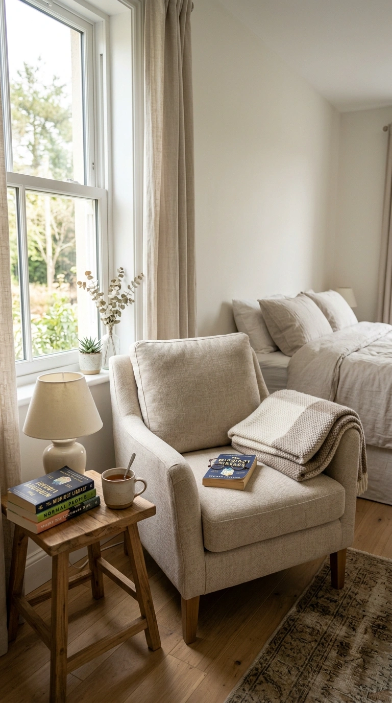 19 Ways to Give Your Guest Bedroom a Boutique-Hotel Touch 10 009 Cozy Reading Nook A single upholstered accent chai