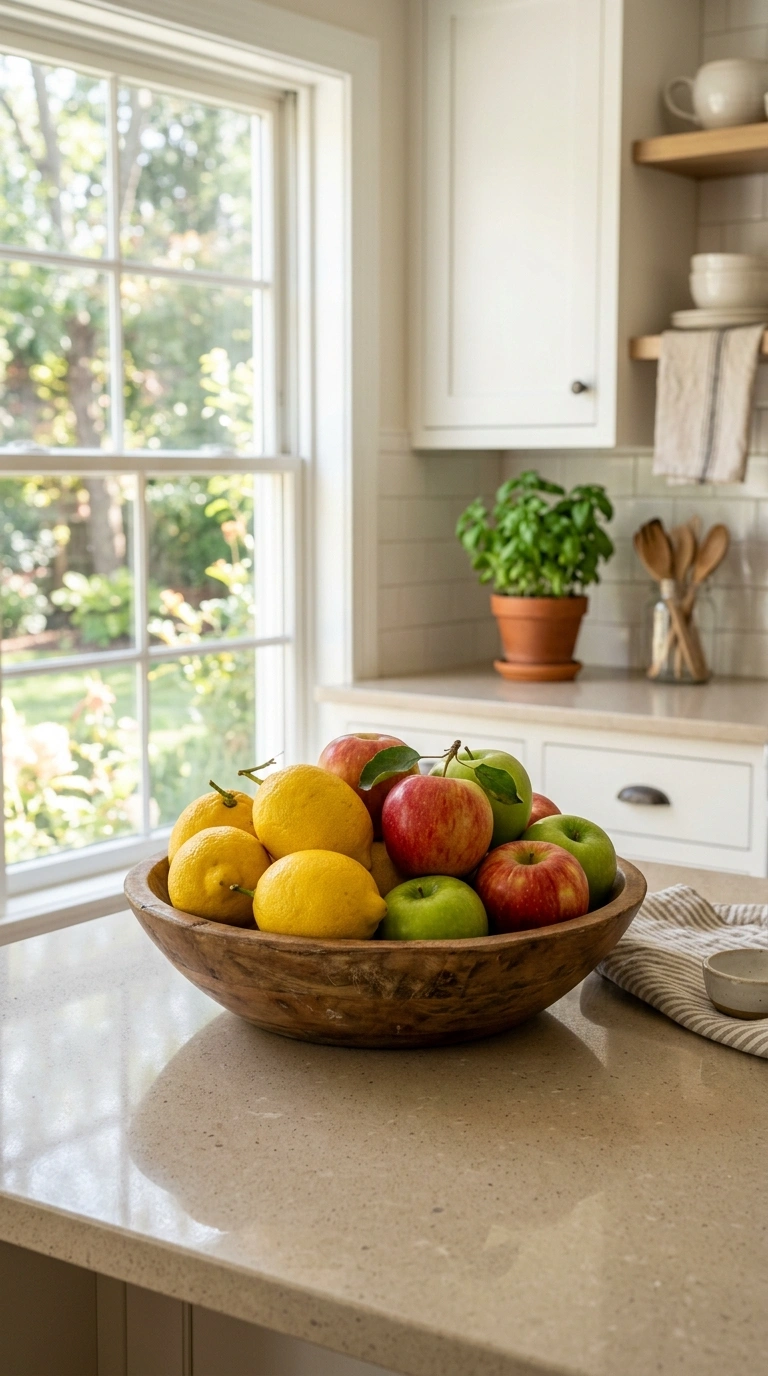 24 Simple Kitchen Makeover Ideas for DIY and Budget-Friendly Updates 10 009 Display Fresh Fruit A wood bowl filled with lemons