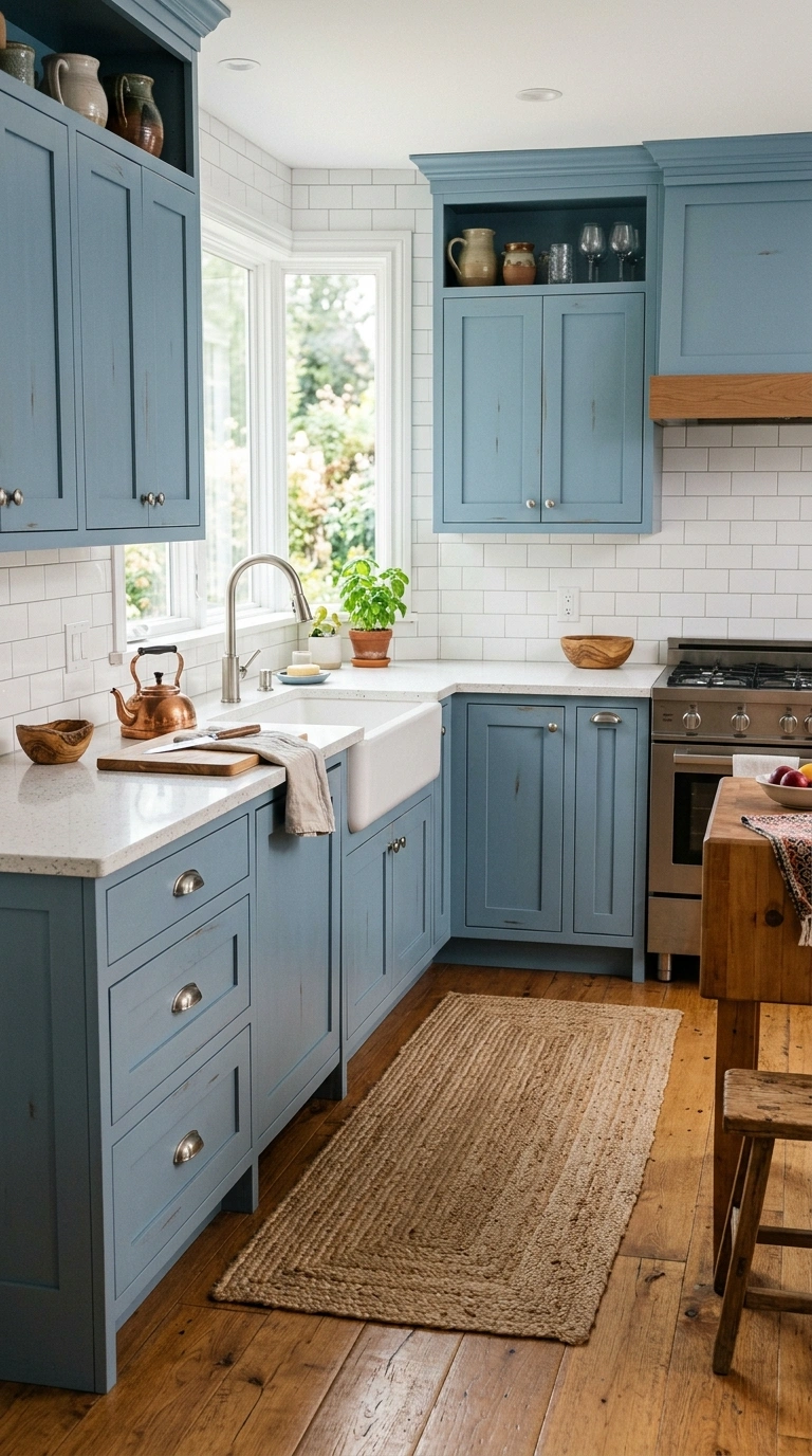 009 Dusty Blue Tones A kitchen with dusty blue cabinet