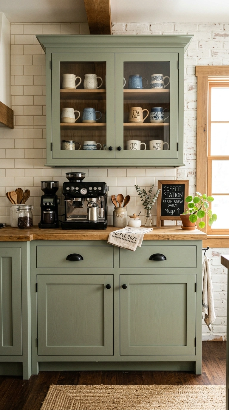 19 Coffee Station Setups That Bring Café Vibes Home 10 009 Farmhouse Cabinet Station A sage green apron front