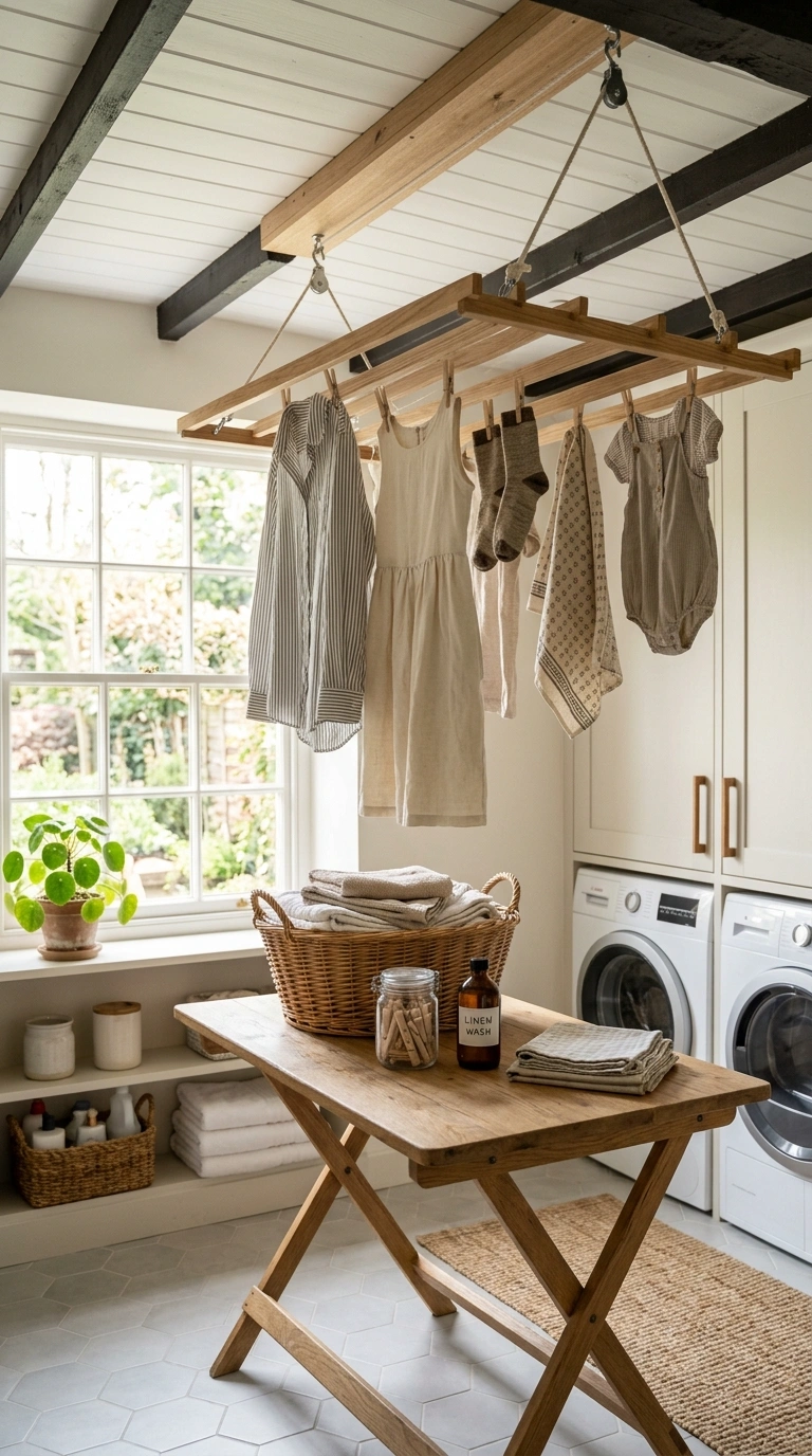 009 Hanging Drying Rack A laundry room with a wood sla