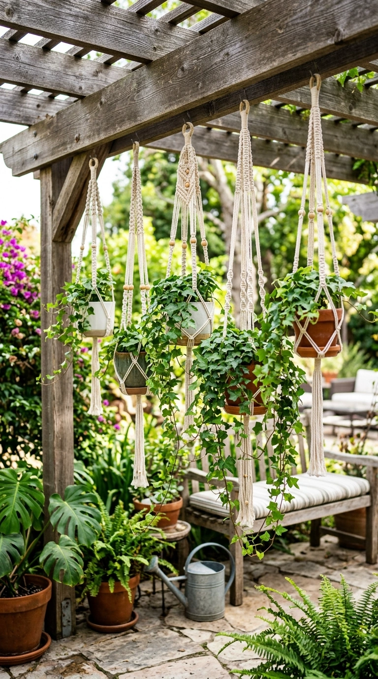 009 Hanging Planters Row A row of macrame hanging plan