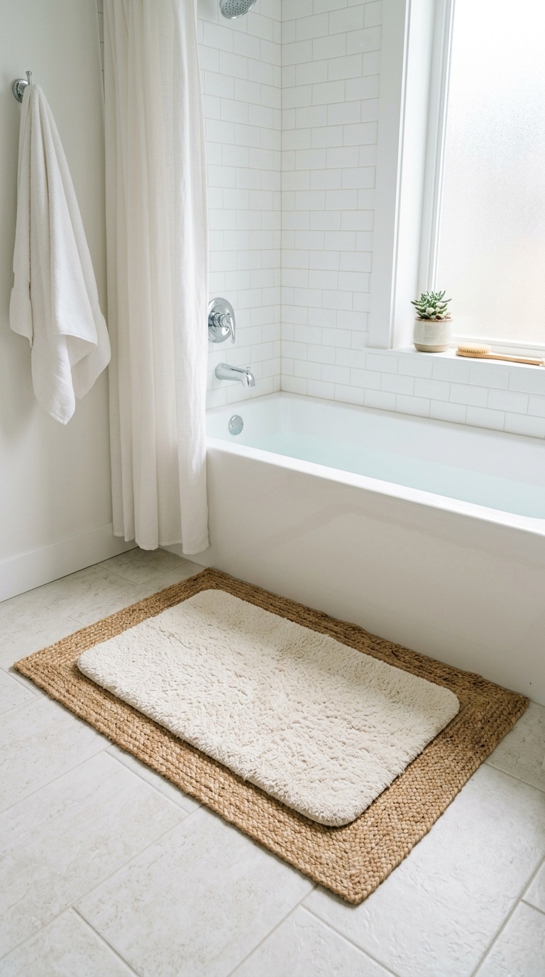 25 Bathroom Decor Ideas to Transform Your Space on a Budget 10 009 Layered Bath Mats A flat woven jute bath mat layer