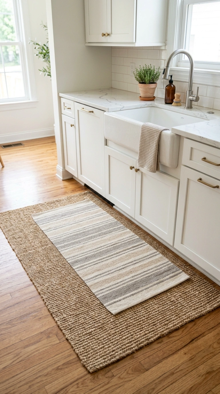 009 Layered Kitchen Rugs A kitchen floor in front of t