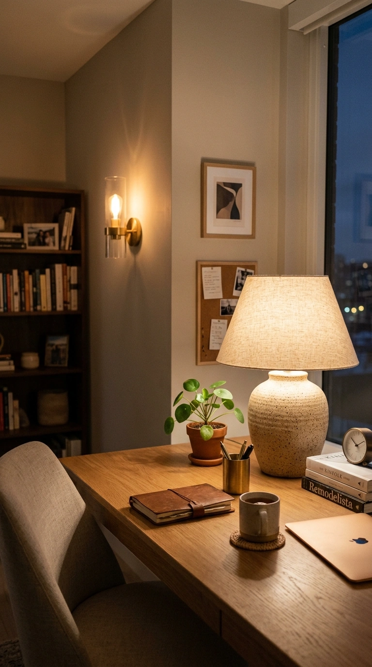 25 Office Decor Ideas for Women That Feel Stylish and Personal 10 009 Layered Table Lamps A home office desk in the even