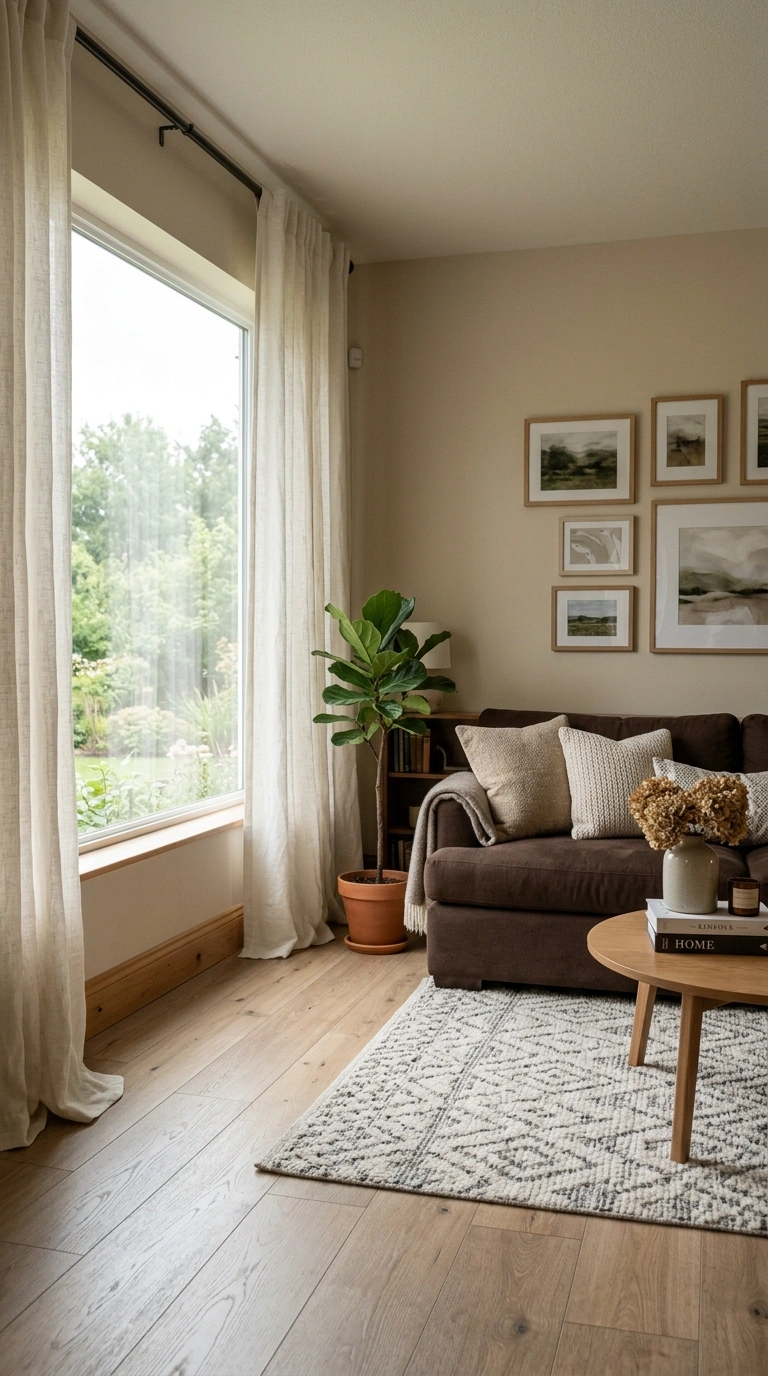 009 Linen Curtain Panels A living room with a chocolat