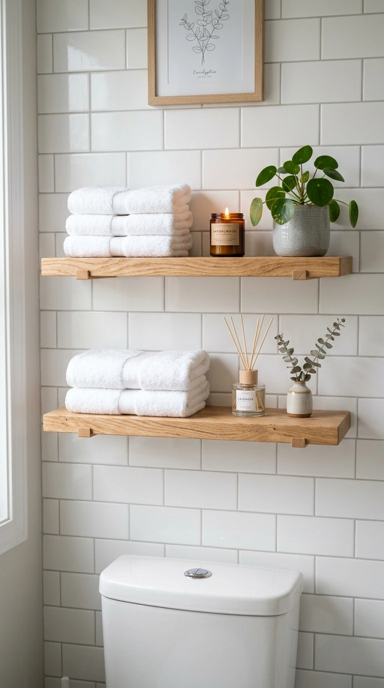 009 Open Wood Shelving A bathroom wall with two floati