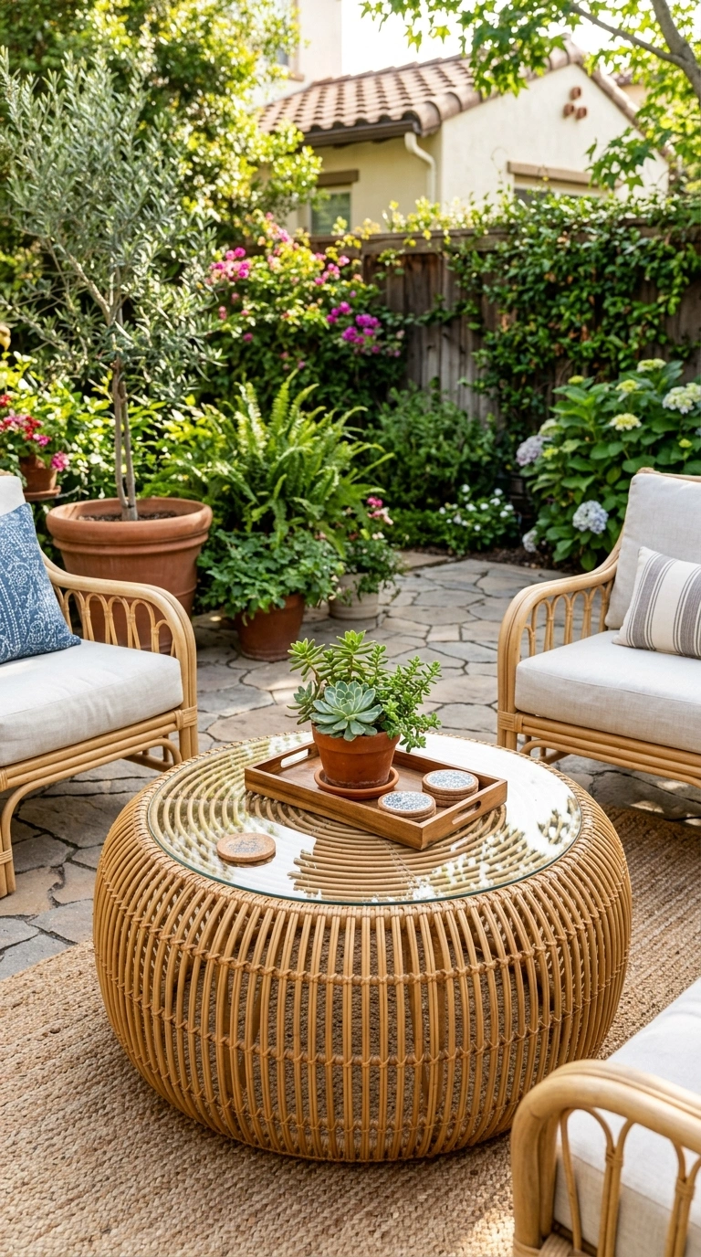 19 Outdoor Decor Ideas Everyone Is Saving Right Now 10 009 Rattan Coffee Table A patio seating area centered