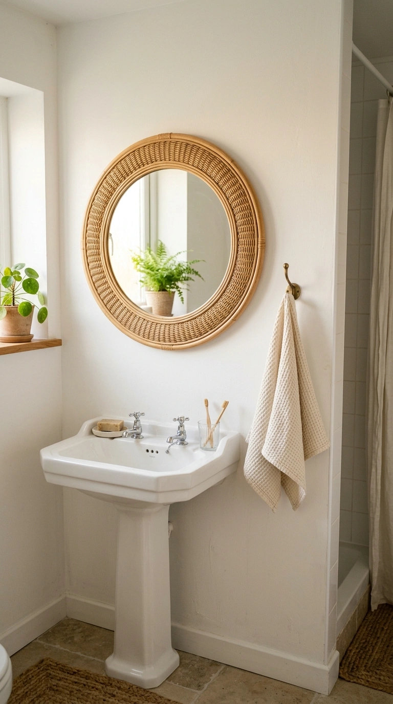 21 Affordable Bathroom Decor Ideas With Plenty of Style 10 009 Rattan Wall Mirror A small bathroom with a round r