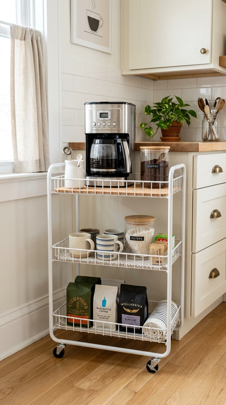 Turn a Small Corner Into a Coffee Bar With These 19 DIY Ideas 10 009 Rolling Cart Setup A white three tier wire rolling