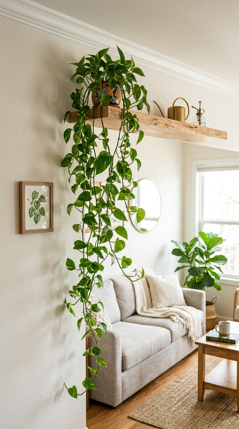 009 Trailing Pothos Shelf A floating wood shelf near t