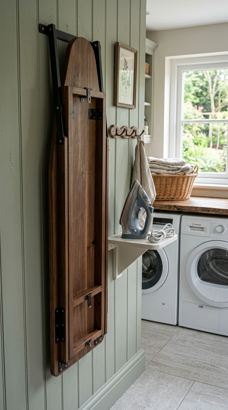 27 Laundry Room Ideas From Tiny Spaces to Spacious Setups 10 009 Wall Mounted Ironing Board A fold down wooden iron