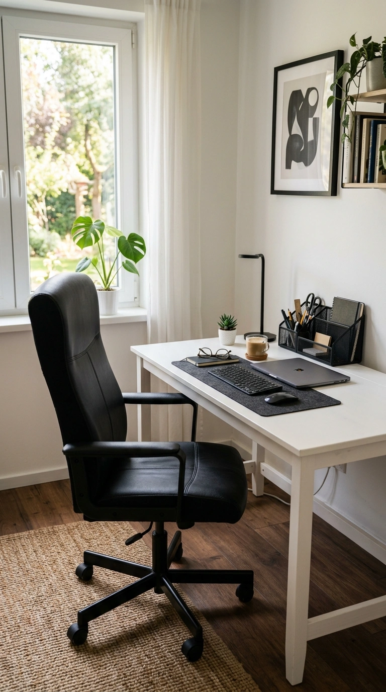 009 White Desk Black Chair A home office featuring a p