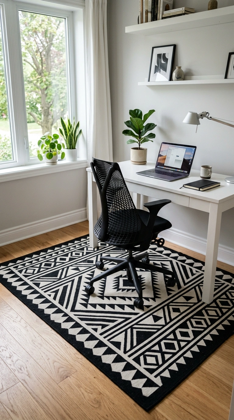 010 Black and White Rug A home office with a black and