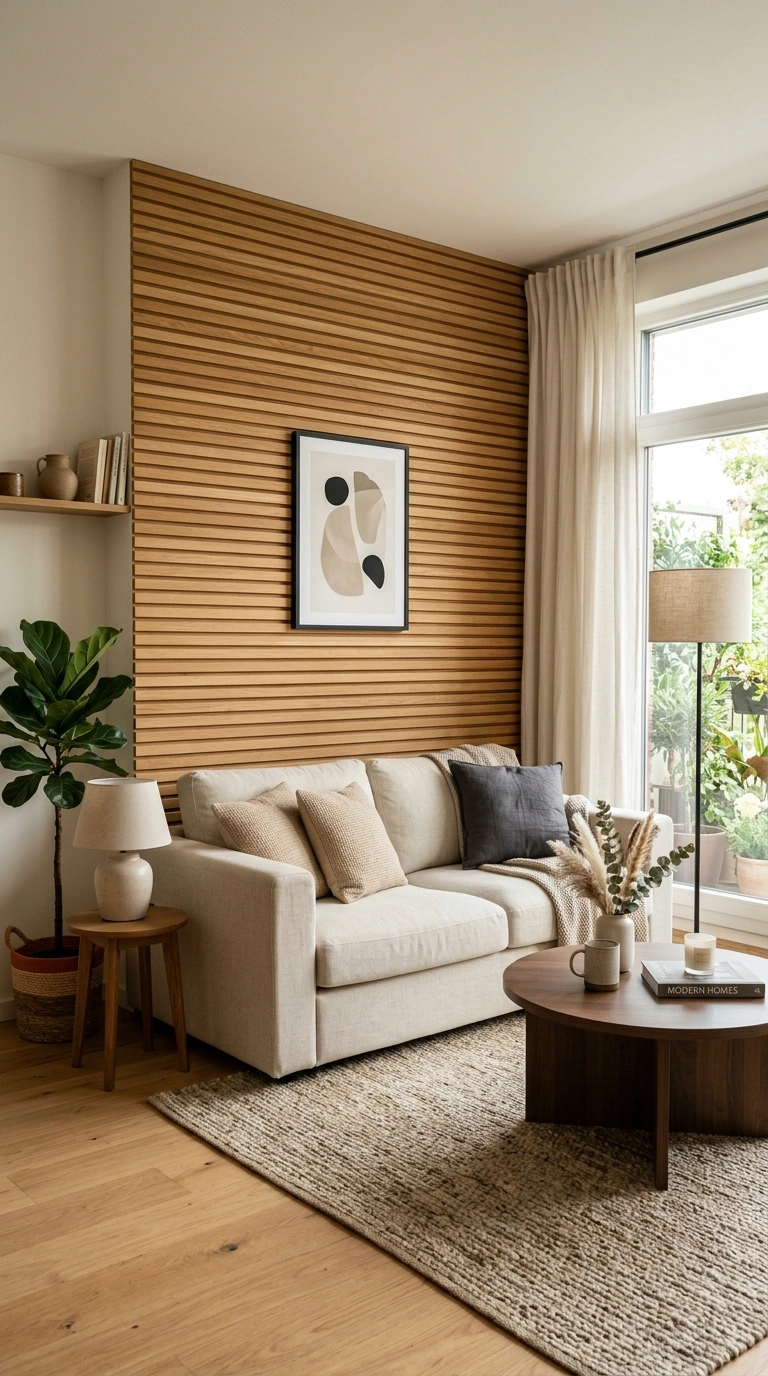 19 Stylish Living Room Ideas for a Home That Feels Put Together 11 010 Bold Accent Wall A living room with a wood slat ac