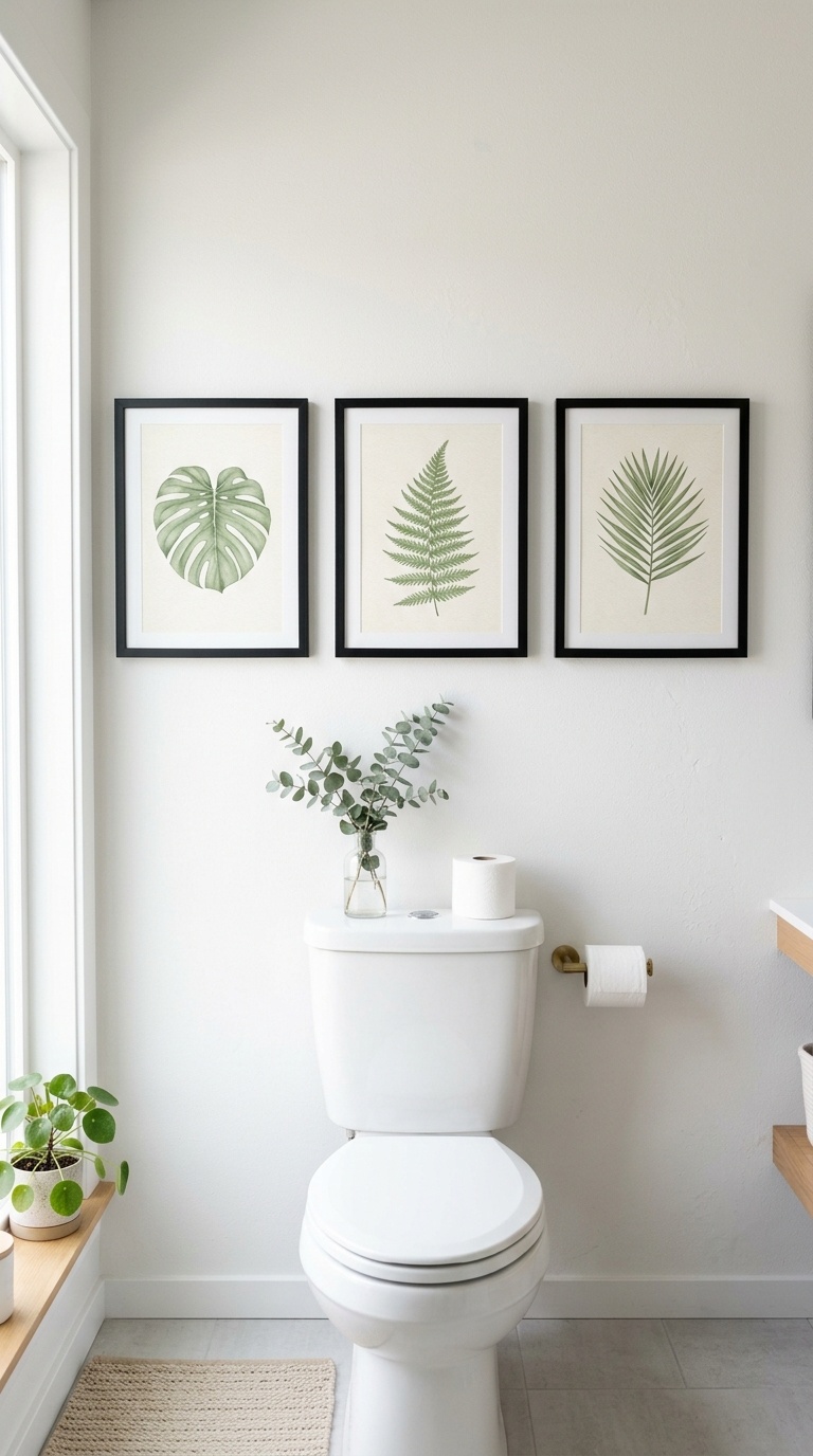 23 Small Bathroom Wall Decor Ideas That Make a Big Impact 11 010 Botanical Print Set Three matching thin black fram