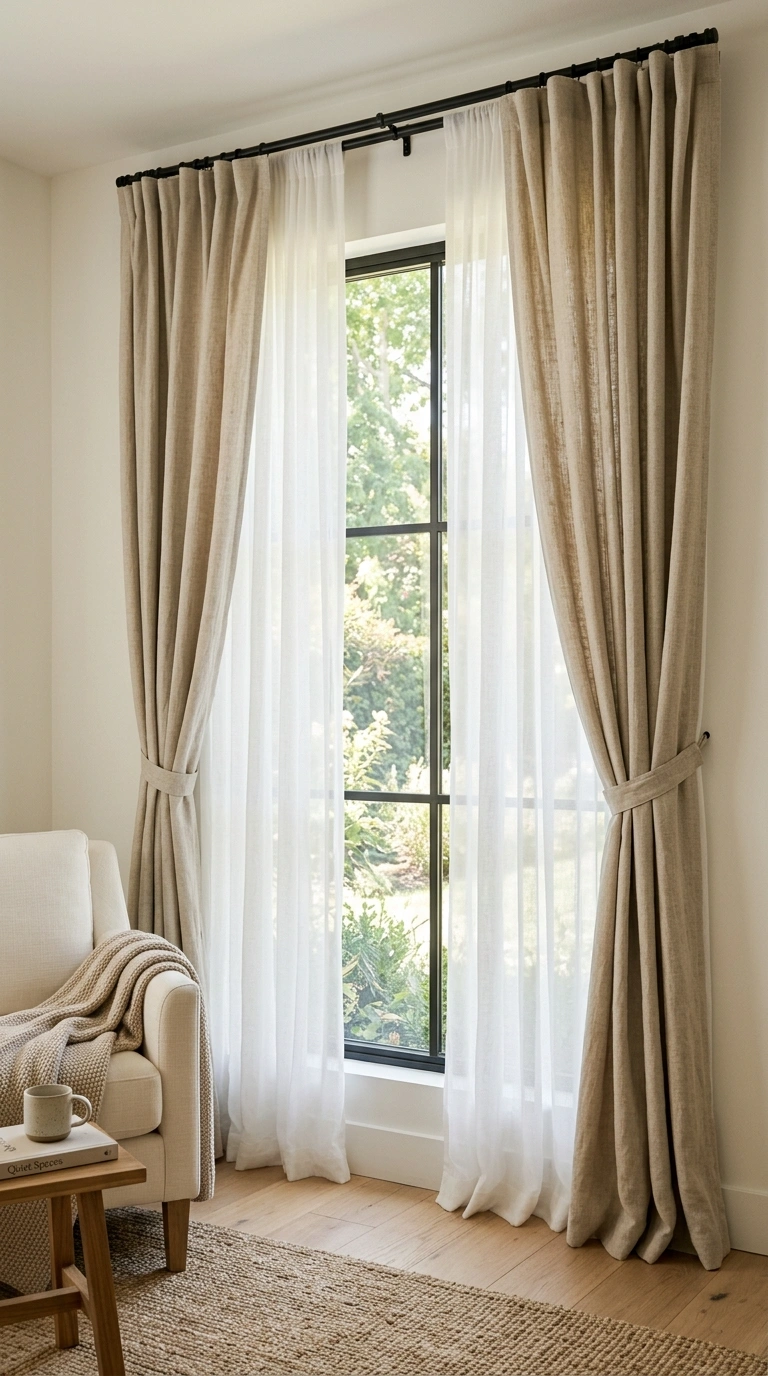 25 Seasonal Decor Ideas to Keep Your Home Feeling Fresh All Year 11 010 Breezy Sheer Drapes A living room window layered w