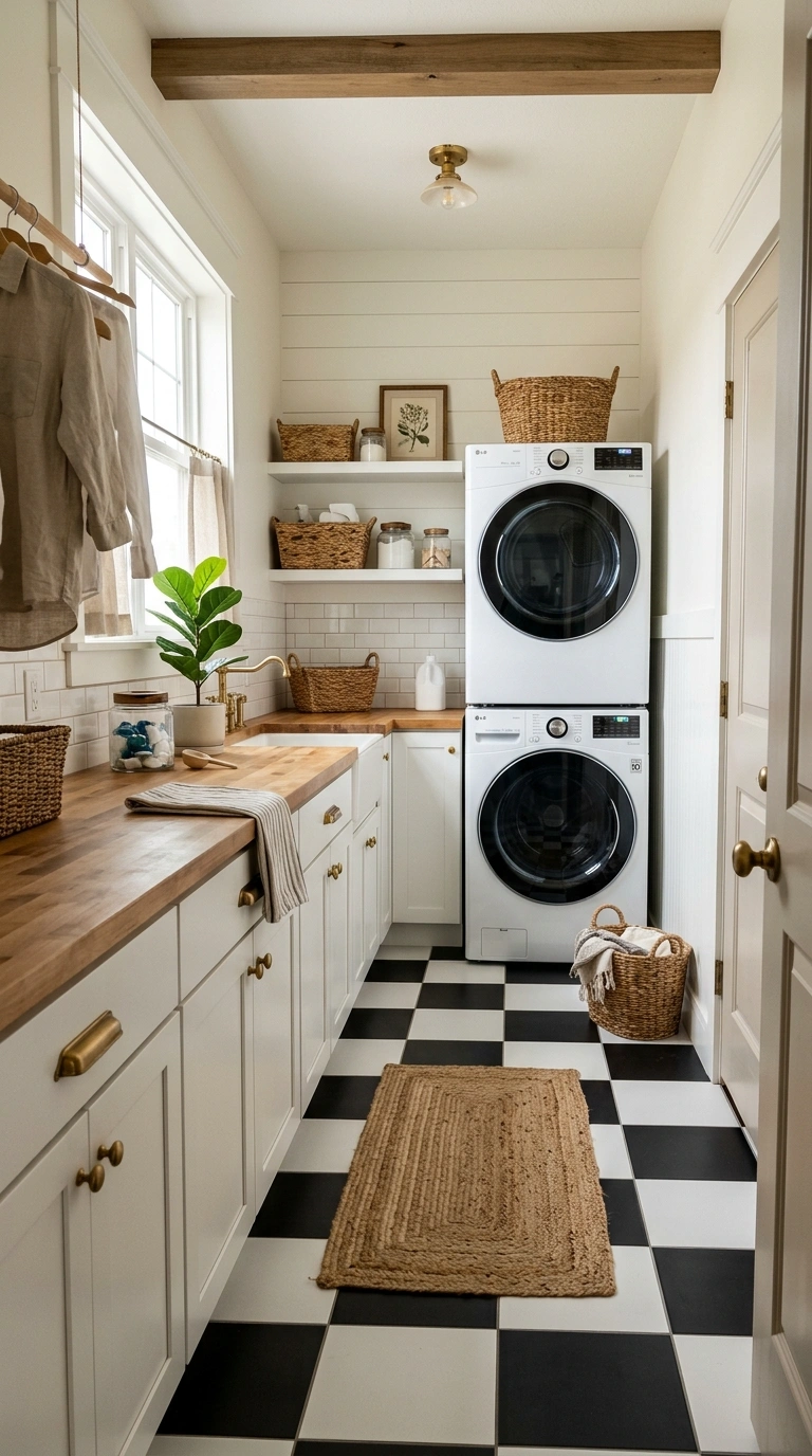 010 Checkered Floor Tile A farmhouse laundry room with