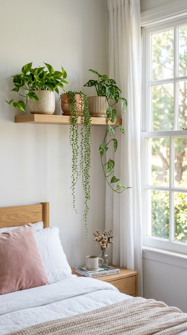 21 Bedroom Ideas for Women in Their 20s With Stylish Personality 11 010 Hanging Plant Shelf A bedroom floating shelf near