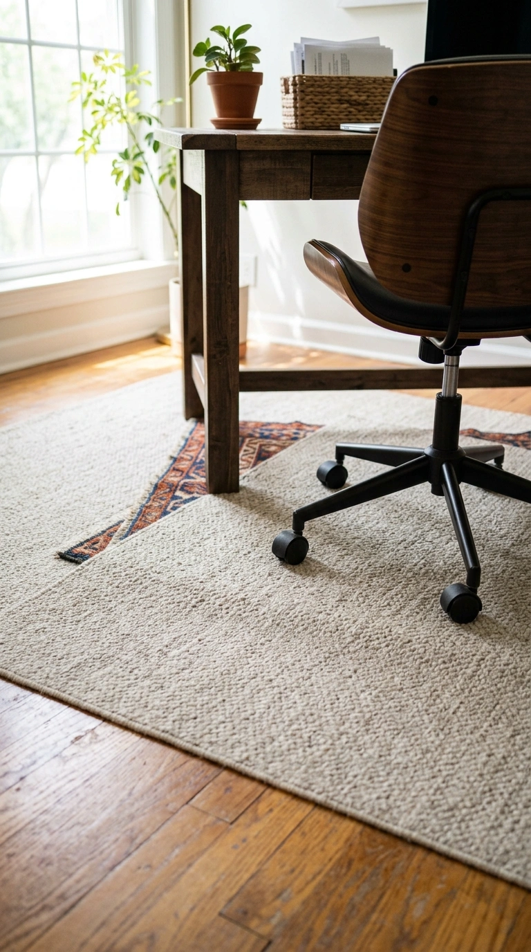010 Layered Area Rug A home office floor with a low pi