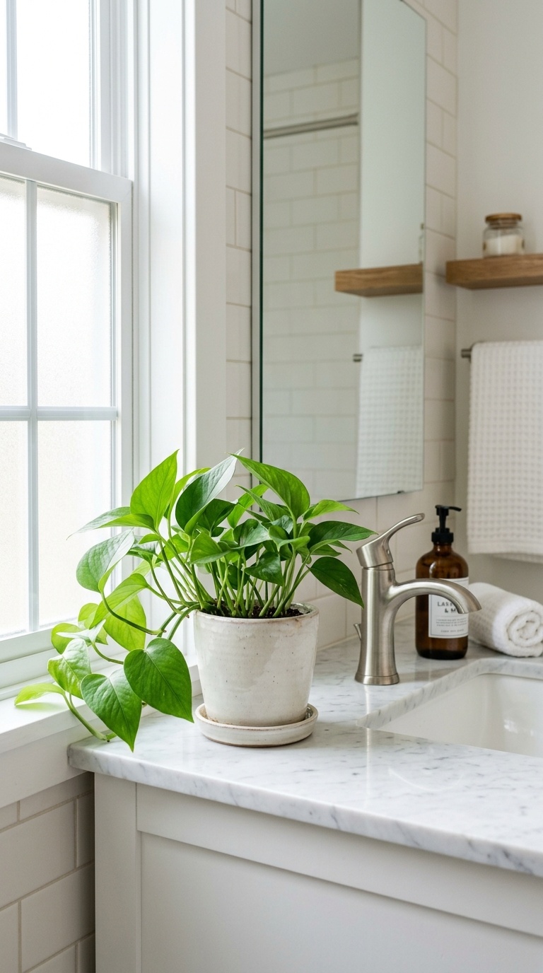 25 Bathroom Decor Ideas to Transform Your Space on a Budget 11 010 Live Potted Plants A healthy green pothos plant in