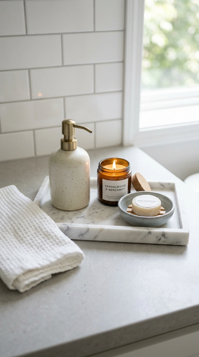 21 Affordable Bathroom Decor Ideas With Plenty of Style 11 010 Marble Tray Vignette A bathroom countertop styled