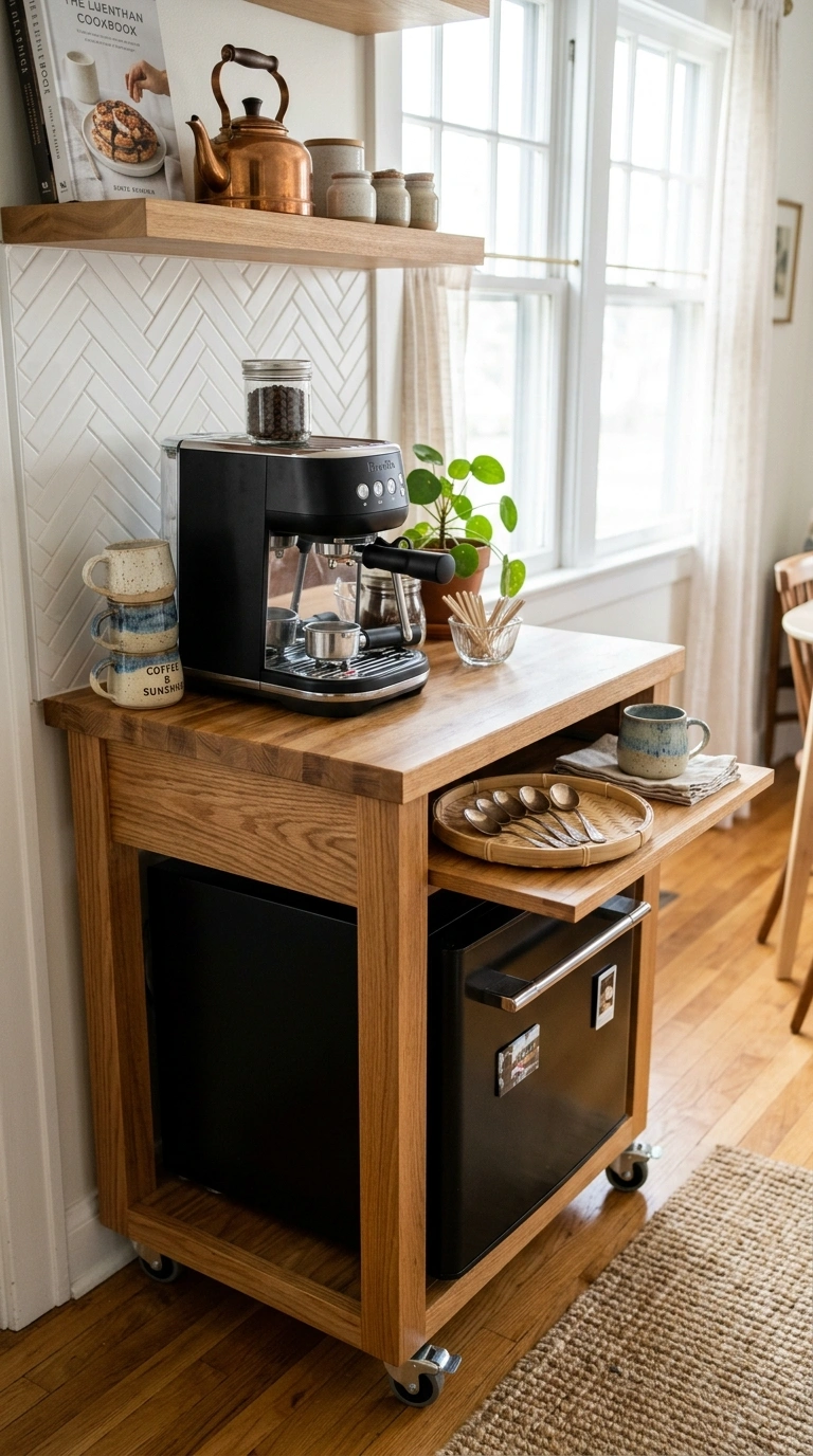19 Coffee Station Setups That Bring Café Vibes Home 11 010 Mini Fridge Cart A small mini fridge built into a