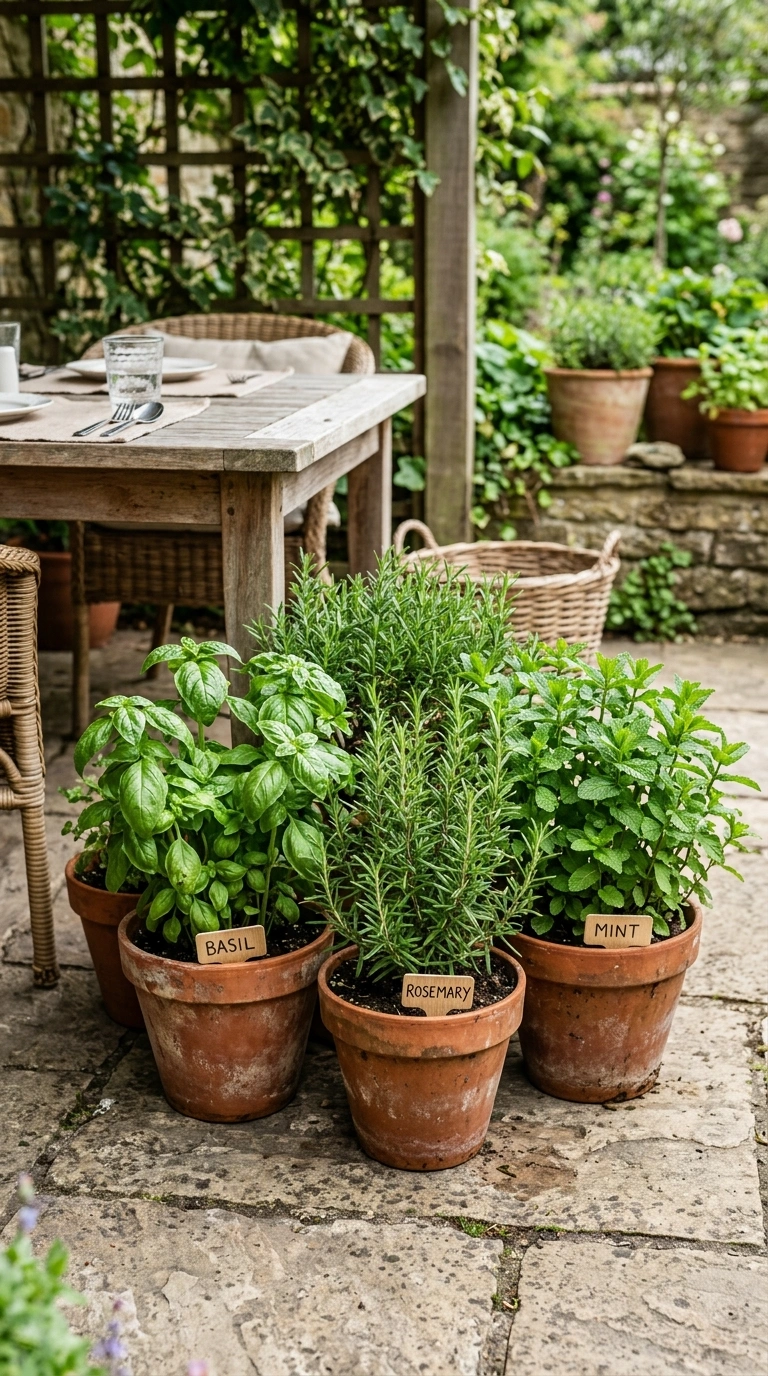 19 Patio Trends to Watch If You Love Outdoor Living 11 010 Potted Herb Garden A close up of a patio corner wi