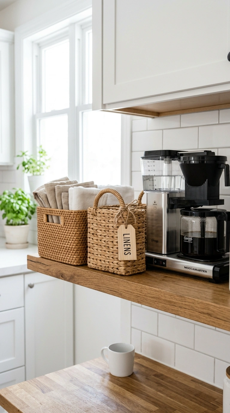 010 Rattan Basket Storage A kitchen shelf holding two