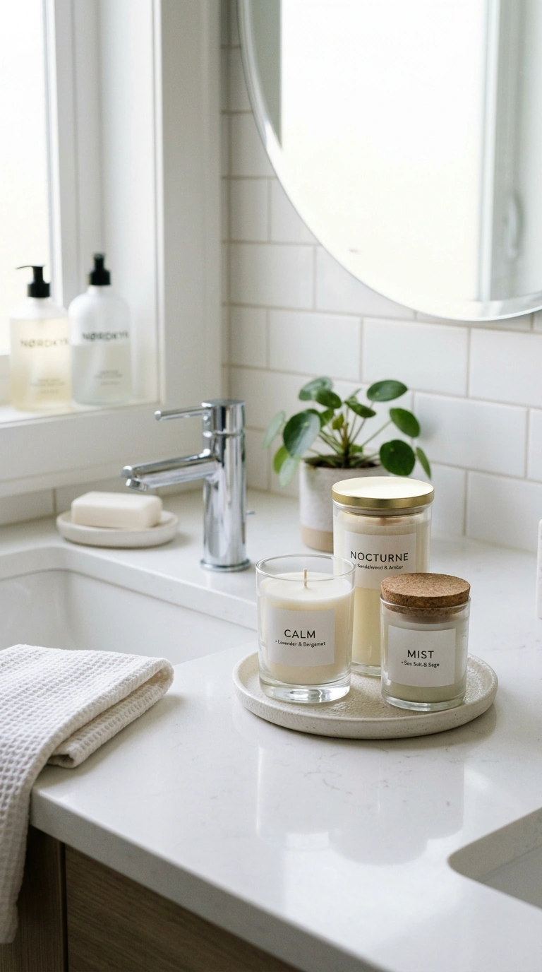 010 Scented Candle Display A bathroom counter with thr