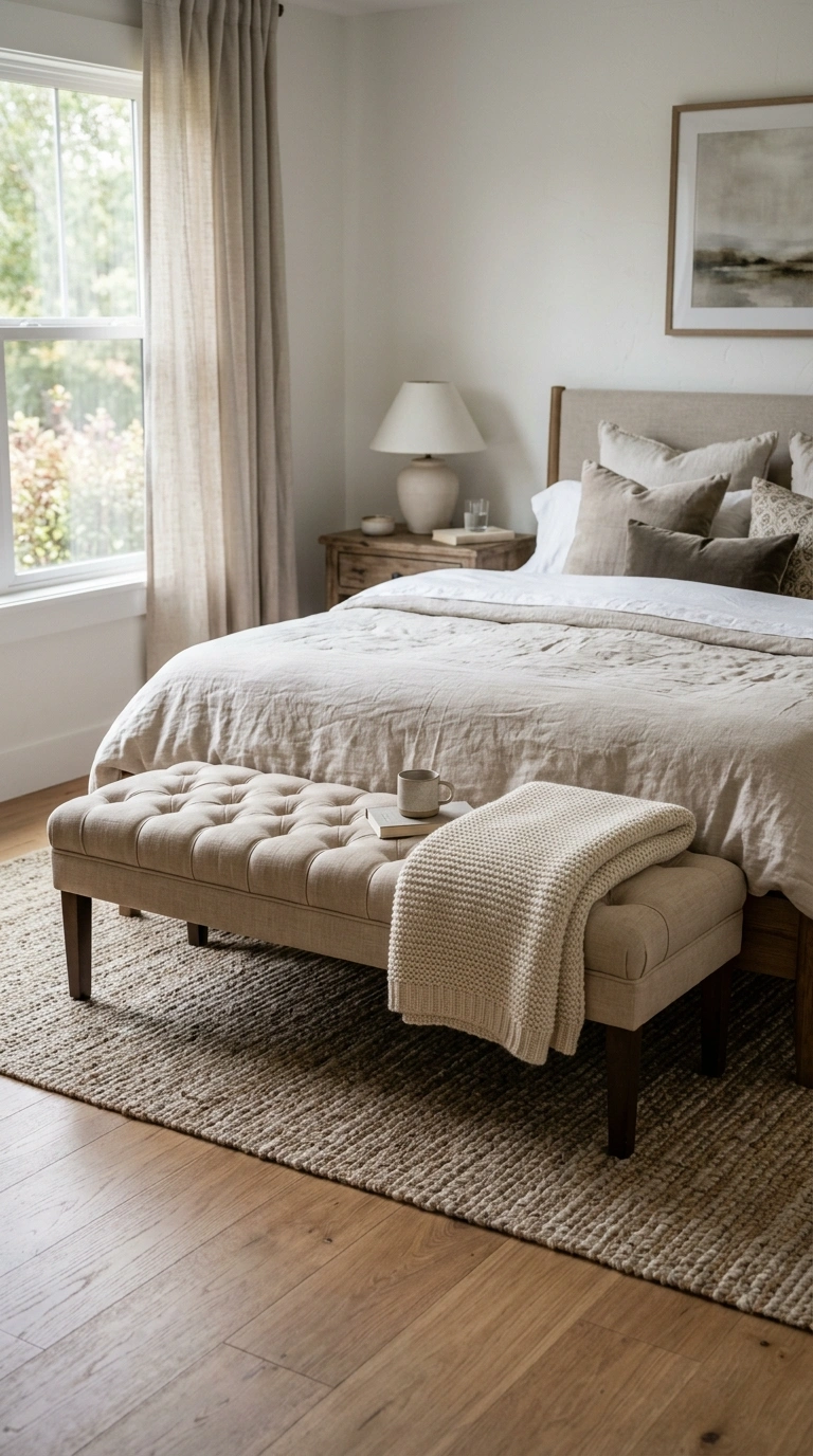 22 Bedroom Decor Ideas That Make Your Space Feel More Luxurious 11 010 Tufted Bench Seat A bedroom with a tufted linen be