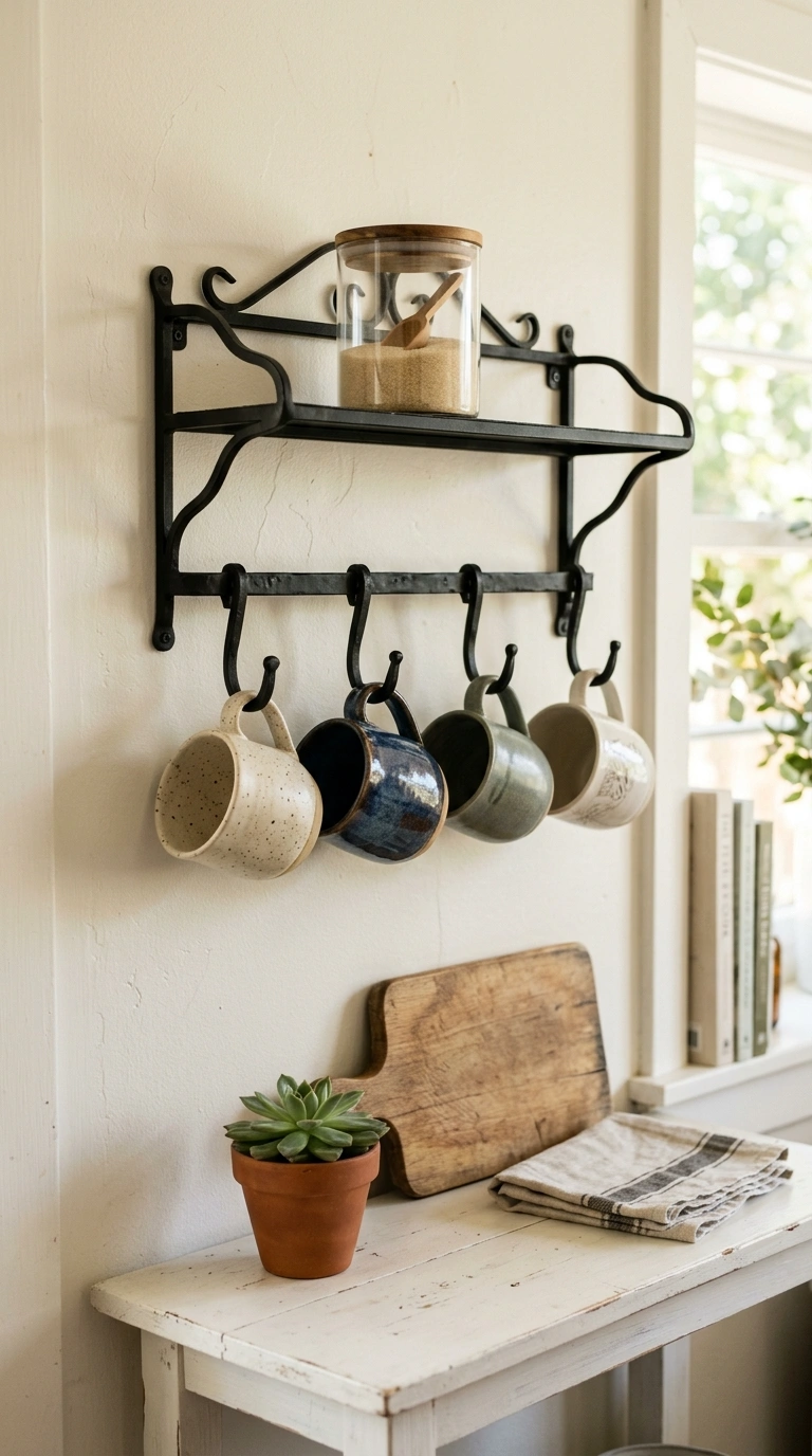 Turn a Small Corner Into a Coffee Bar With These 19 DIY Ideas 11 010 Wall Mounted Rack A black iron wall mounted rack w