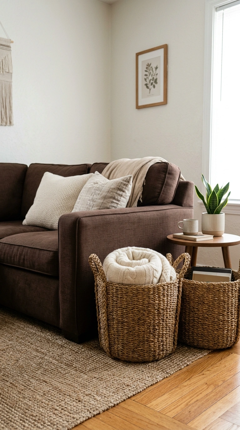 010 Woven Basket Storage A living room corner with a c