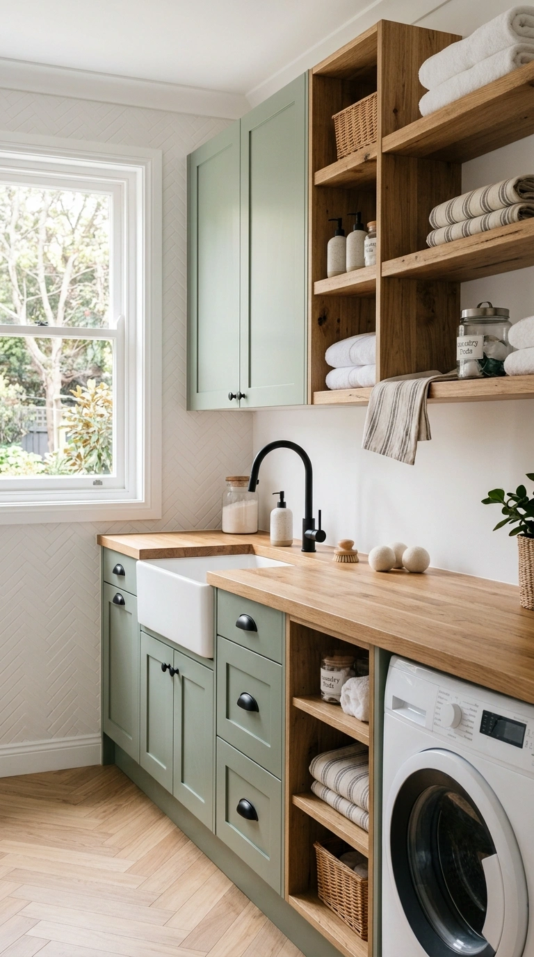 011 Apron Front Cabinet A laundry room with sage green