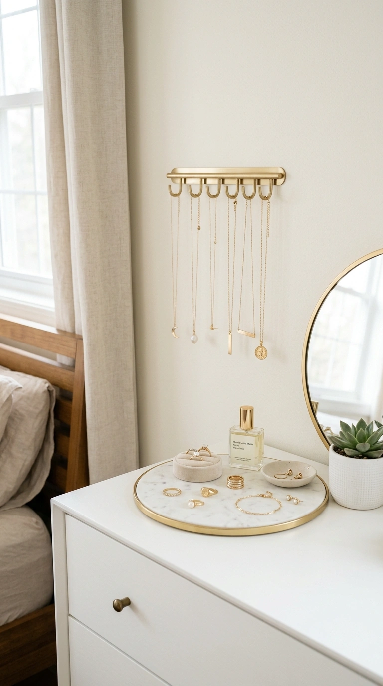 21 Bedroom Ideas for Women in Their 20s With Stylish Personality 12 011 Chic Jewelry Display A bedroom dresser corner with