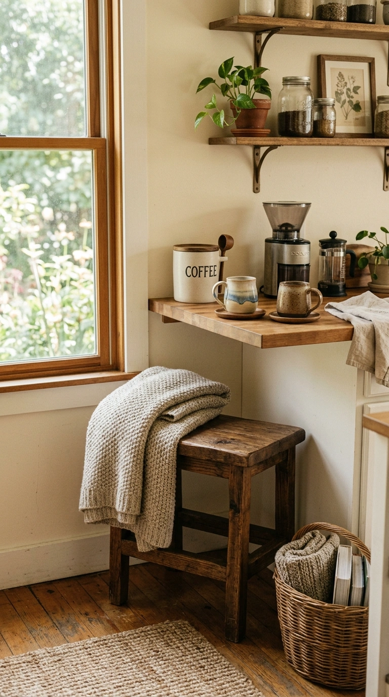 011 Coffee Corner With Stool A small wood stool tucked