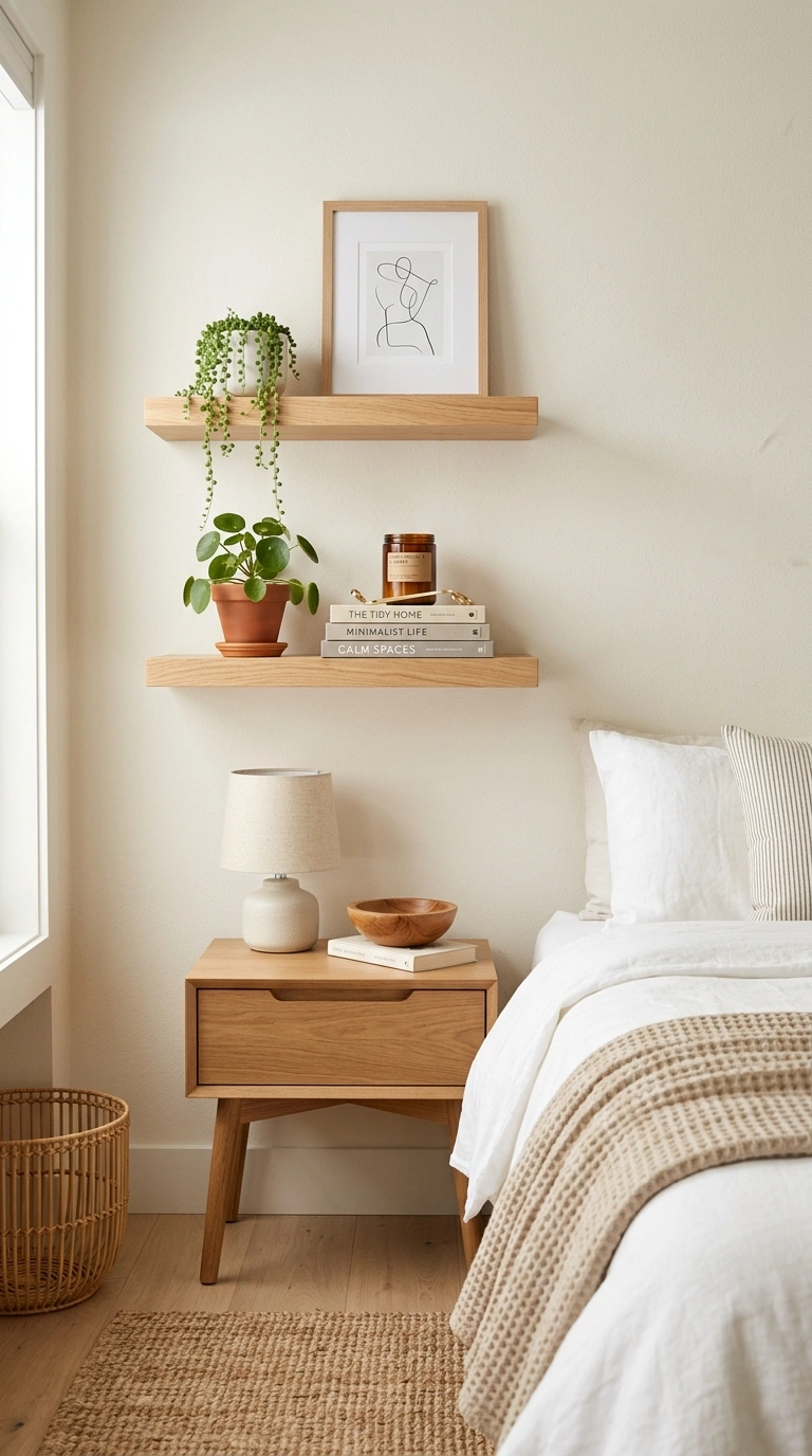 011 Floating Wood Shelves A bedroom wall with two floa