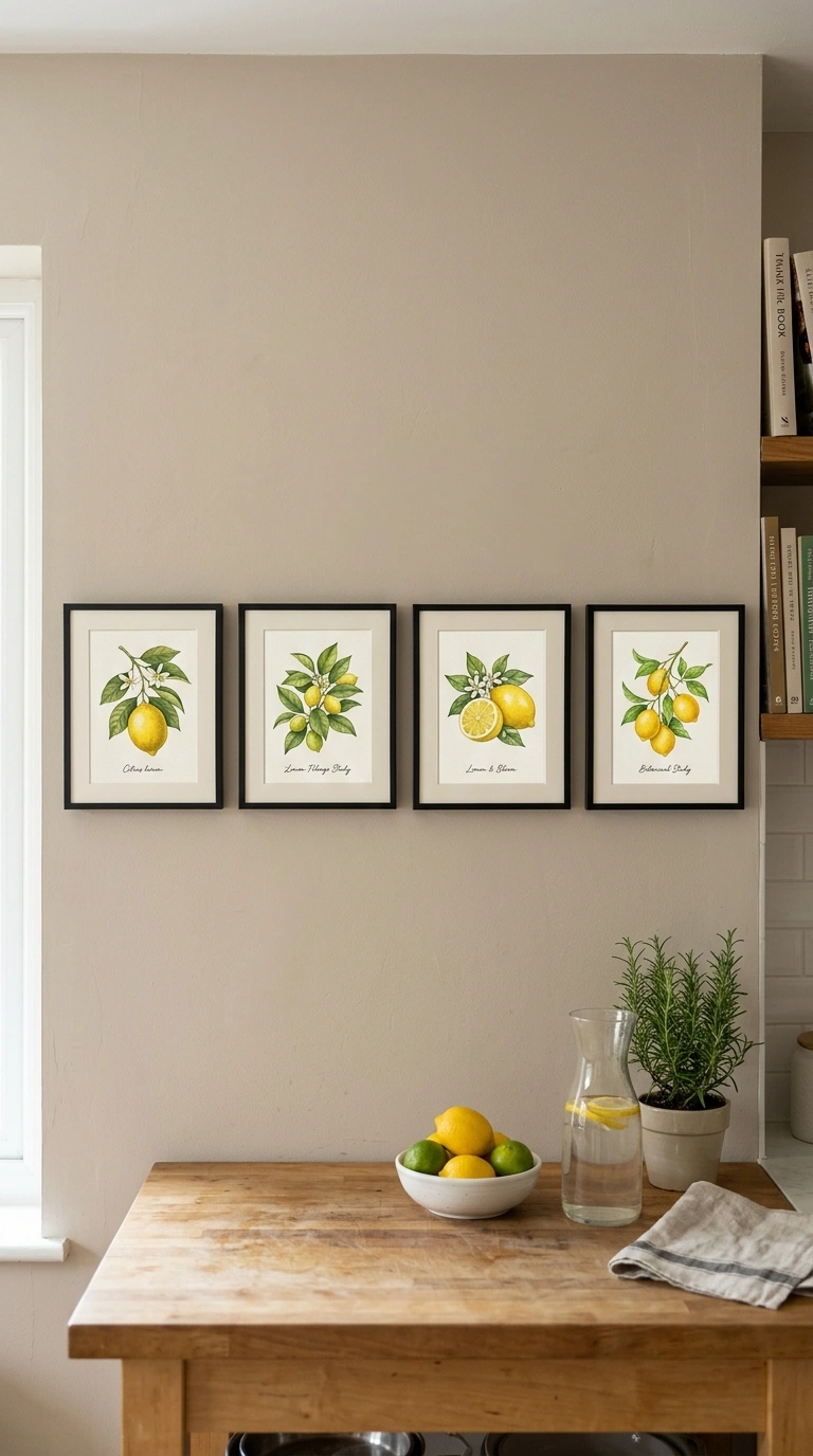 011 Framed Botanical Prints A kitchen wall above a cou