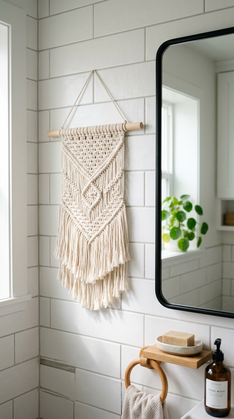 23 Small Bathroom Wall Decor Ideas That Make a Big Impact 12 011 Macrame Wall Hanging A small cream macrame wall ha