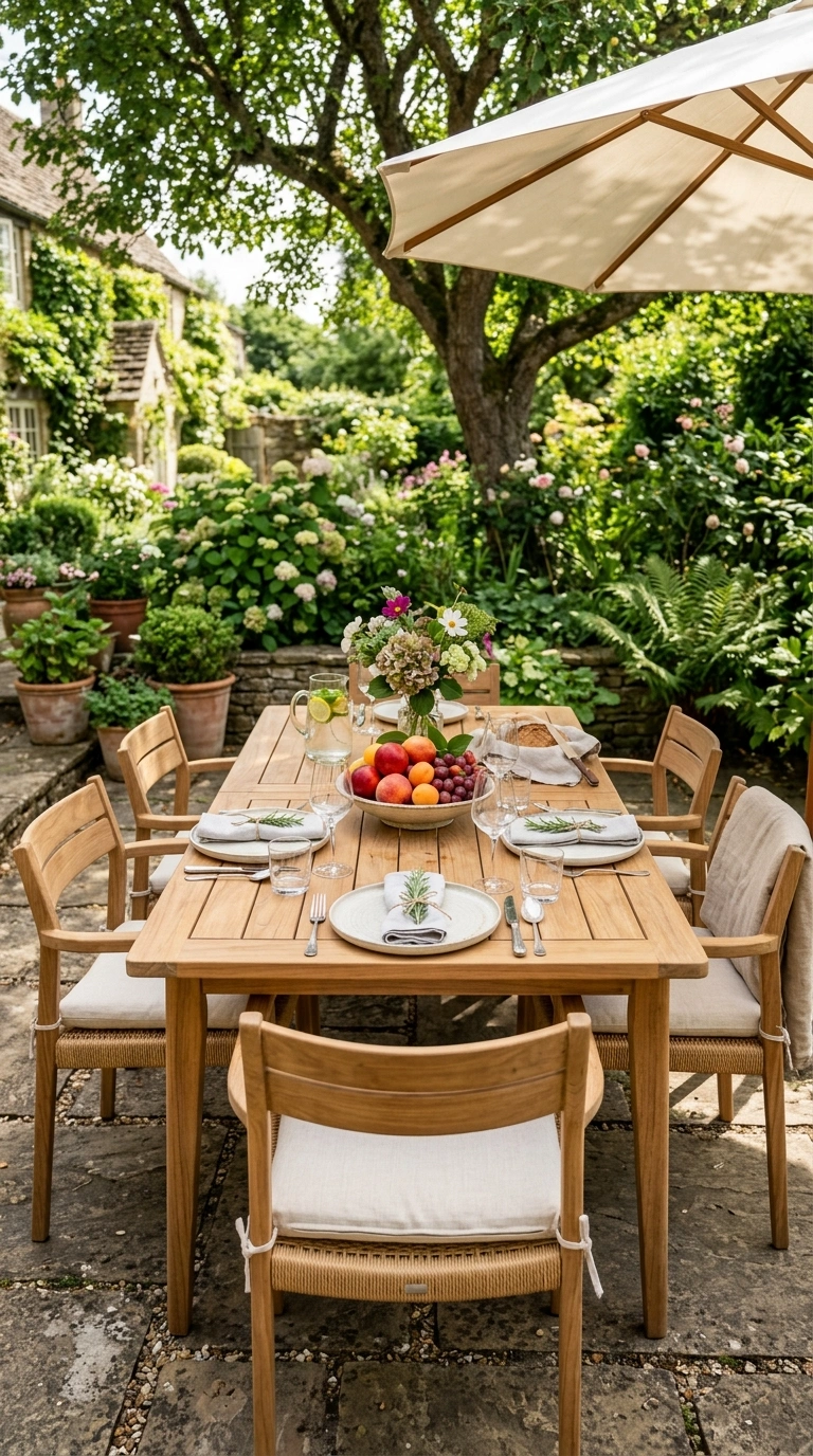 26 Outdoor Decorating Ideas for a Calm and Comfortable Backyard 12 011 Outdoor Dining Table A backyard patio with a teak
