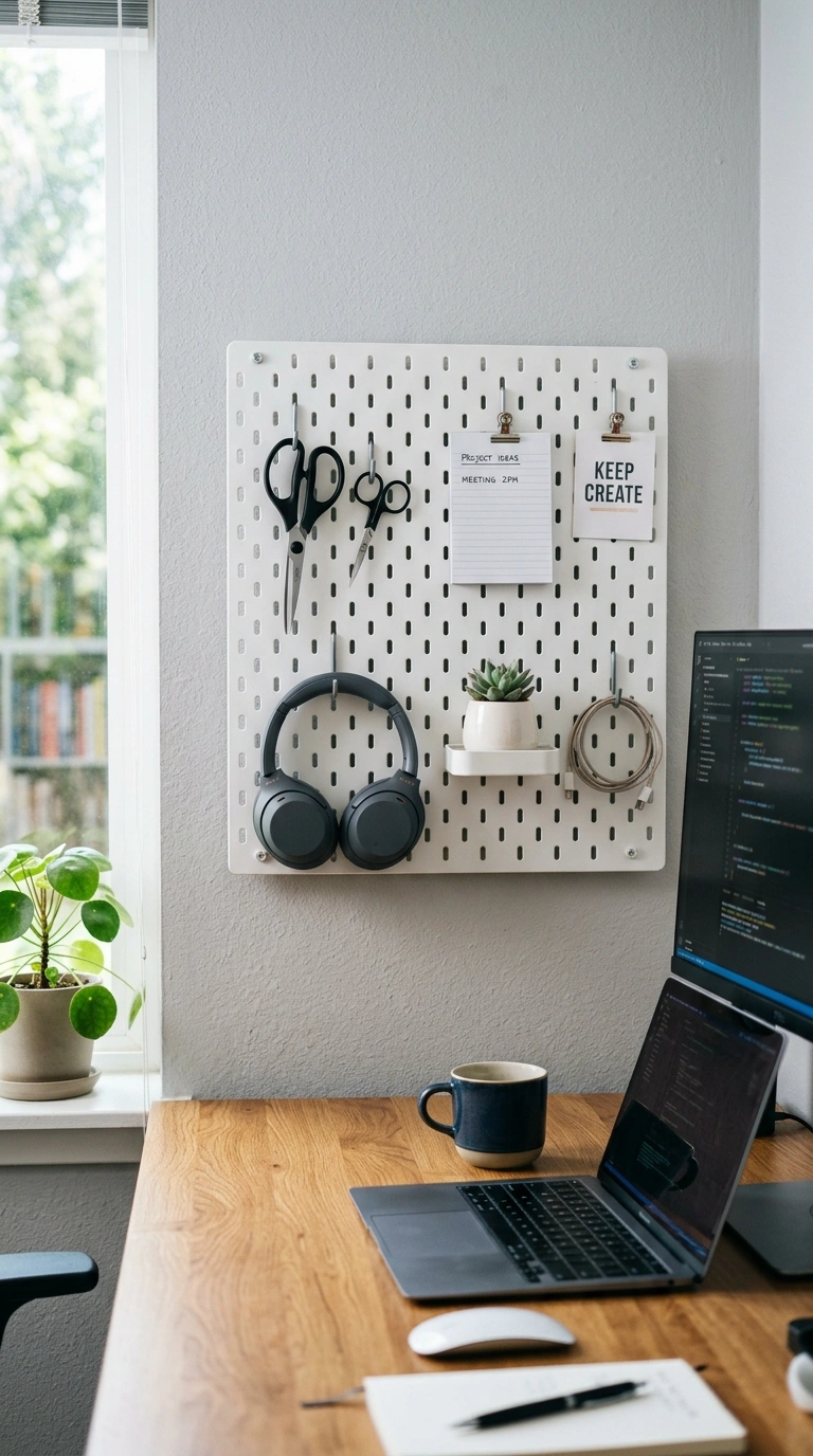 011 Pegboard Organizer A wall mounted white pegboard b