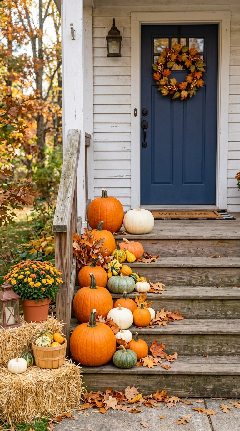 25 Seasonal Decor Ideas to Keep Your Home Feeling Fresh All Year 12 011 Pumpkin Porch Display Front porch steps styled wit