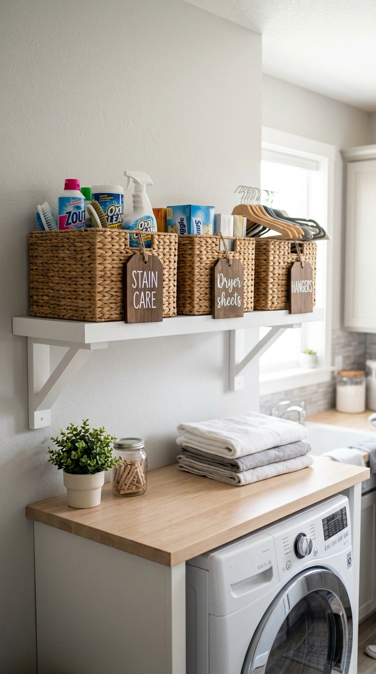 011 Shelf With Labeled Bins A painted white laundry sh