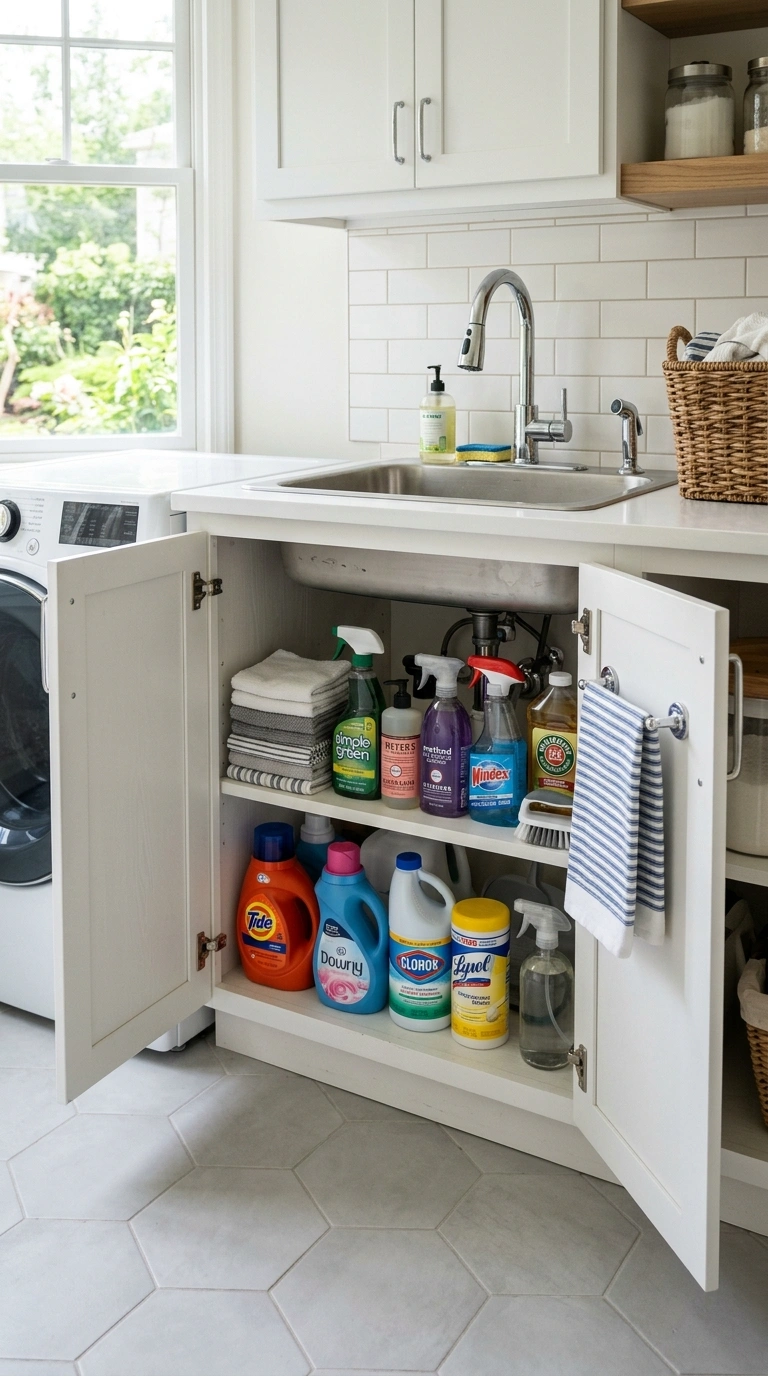 20 Laundry Room Ideas for Smarter Storage and Easier Laundry Days 12 011 Sink Storage Cabinet A white cabinet built under a
