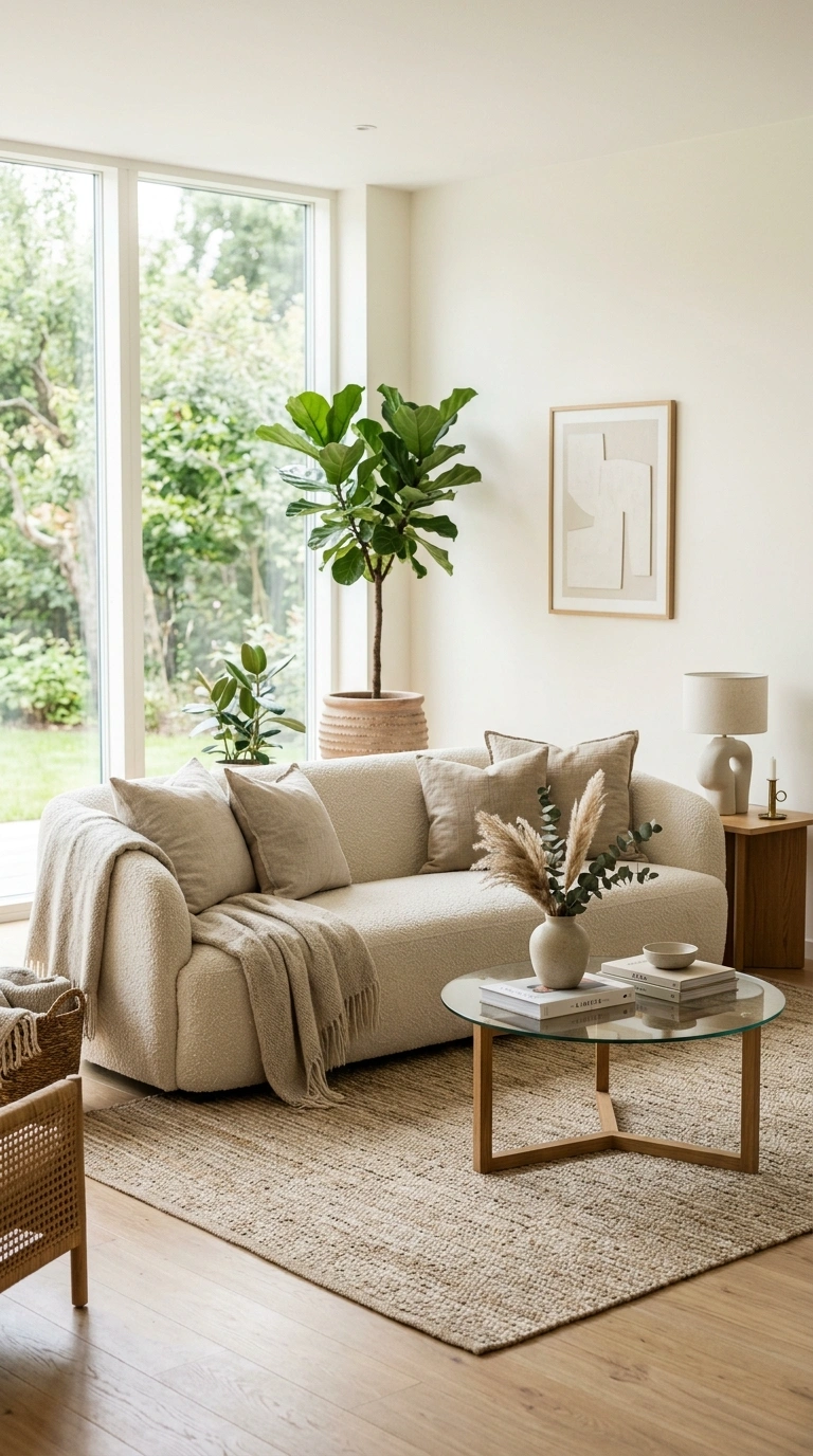 19 Stylish Living Room Ideas for a Home That Feels Put Together 12 011 Textured Boucle Sofa A living room with a cream bo
