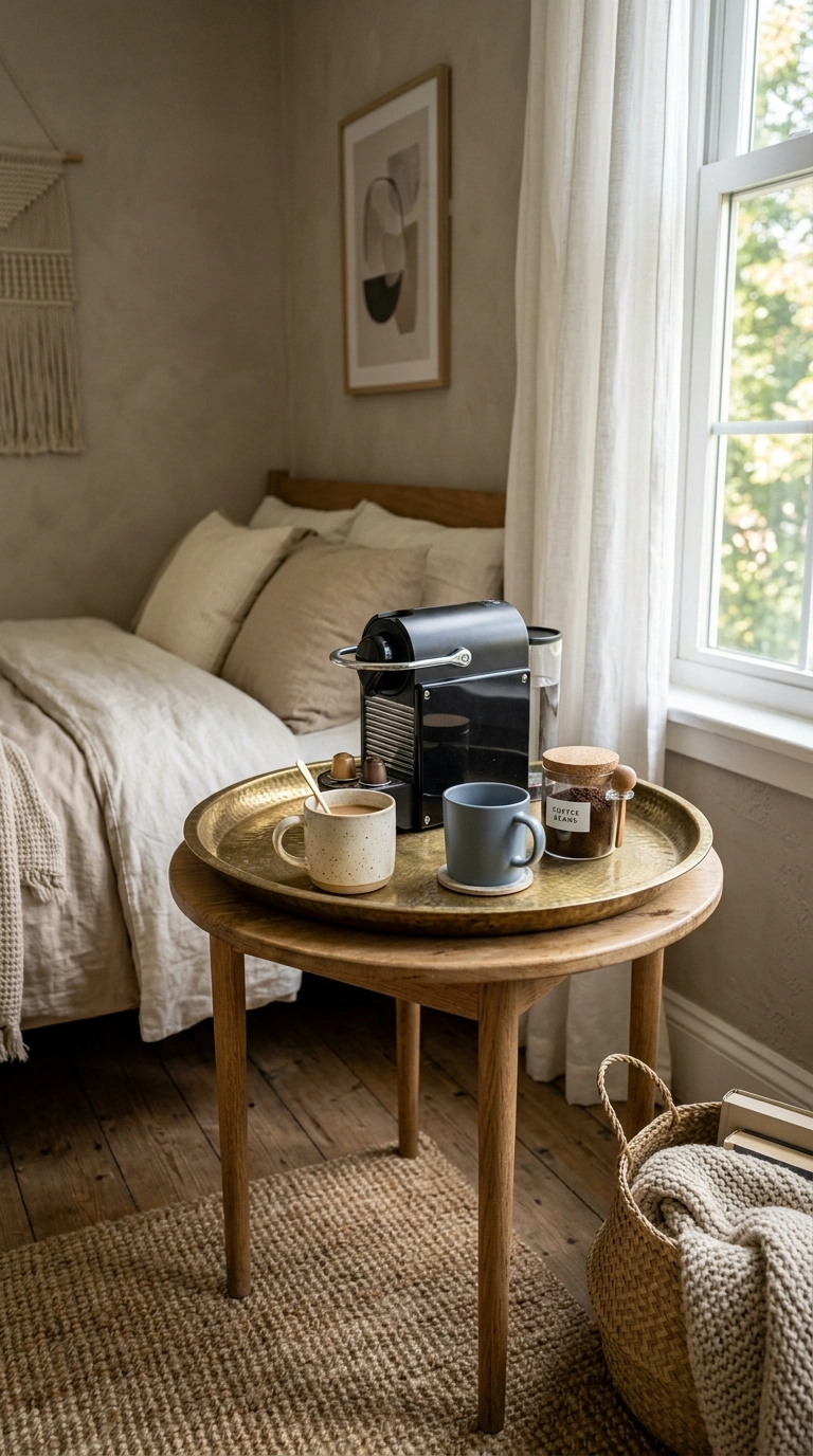 Turn a Small Corner Into a Coffee Bar With These 19 DIY Ideas 12 011 Tray Table Station A small round wood side table i