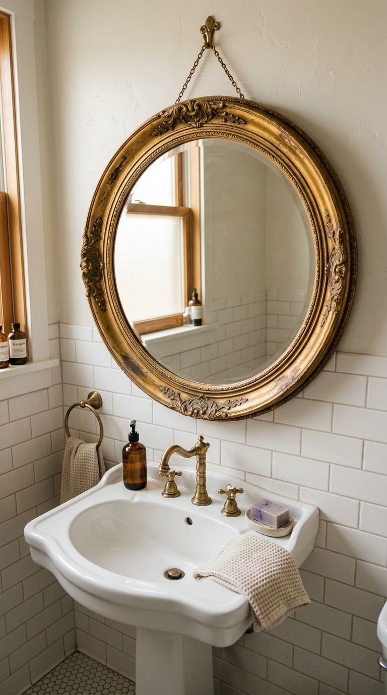 25 Bathroom Decor Ideas to Transform Your Space on a Budget 12 011 Vintage Mirror Find A round vintage gold framed mi