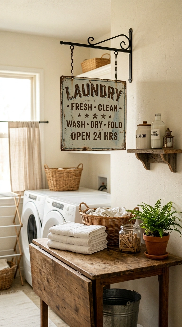 27 Laundry Room Ideas From Tiny Spaces to Spacious Setups 12 011 Vintage Sign Decor A vintage style metal laundry s